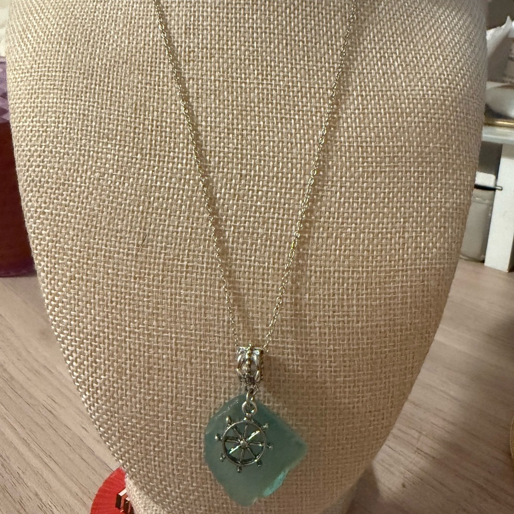 Sterling‎ Silver 925 Aqua Sea Glass Ship Wheel Nautical Pendant Necklace Blue